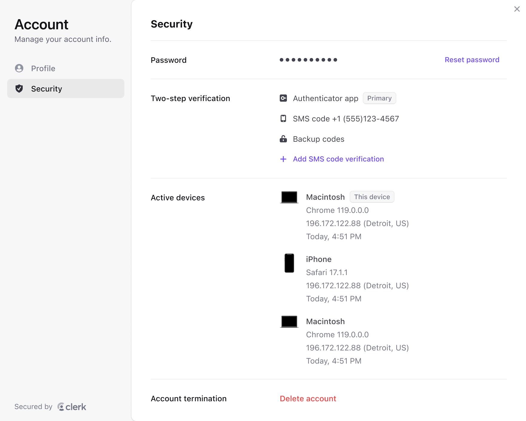 Clerk user profile component with options to change password, manage two-step verification, and view active devices.